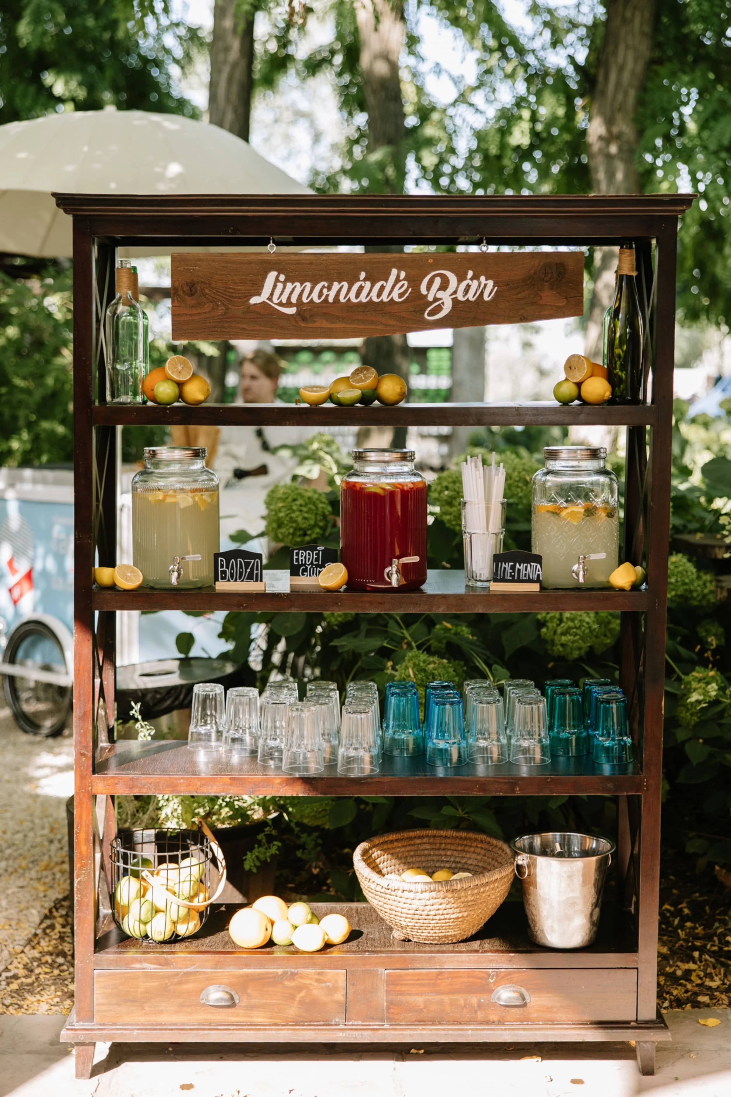 A wooden stand with a sign reading 'Limonadé Bar' displays lemon drinks and fruits, with jars of lemonade, fresh lemons, glasses, and straw cups under a tree in an outdoor setting.