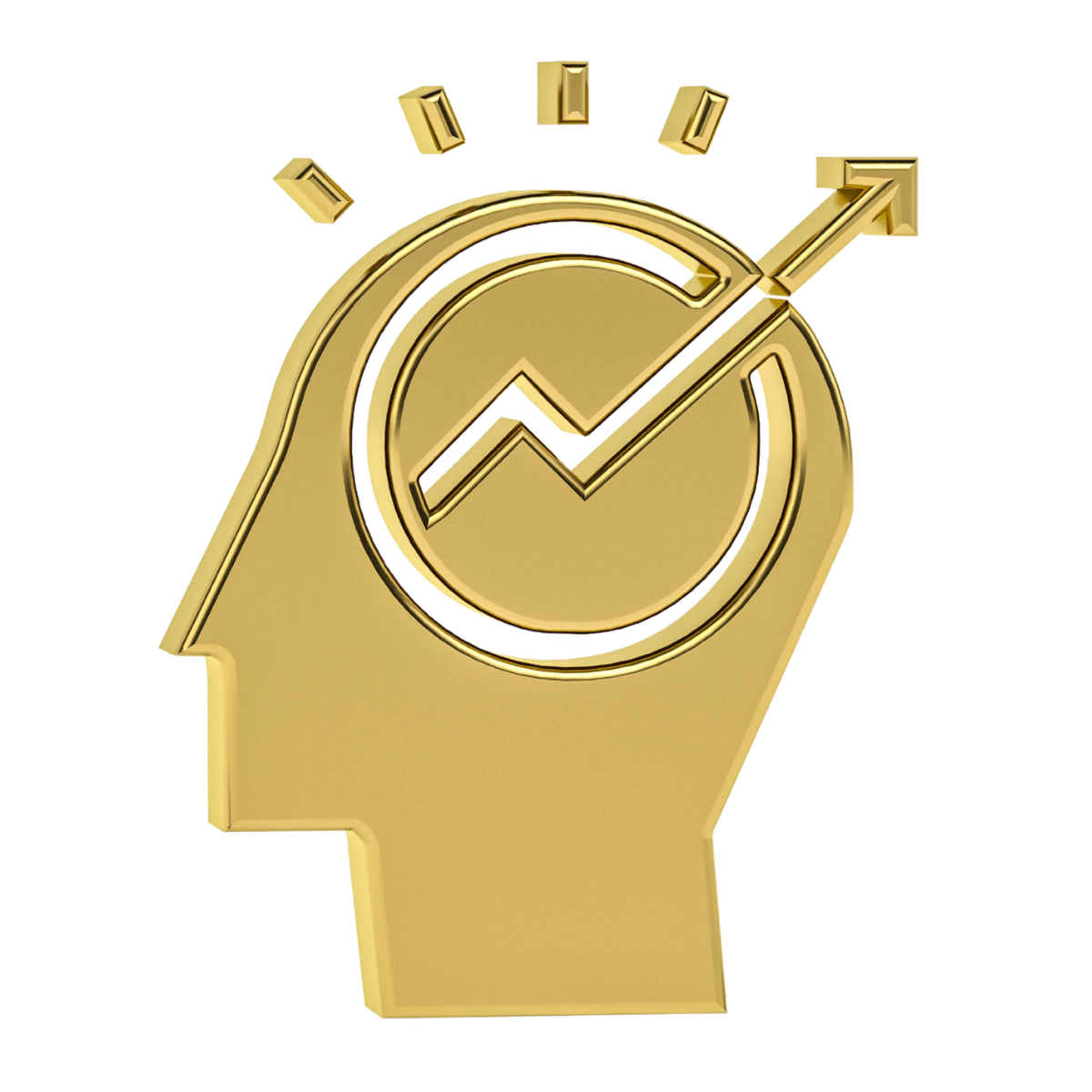 Gold 3D hand-shaped icon with circular badge in the center, featuring a rising arrow with a check mark inside, and a clock-like design above.