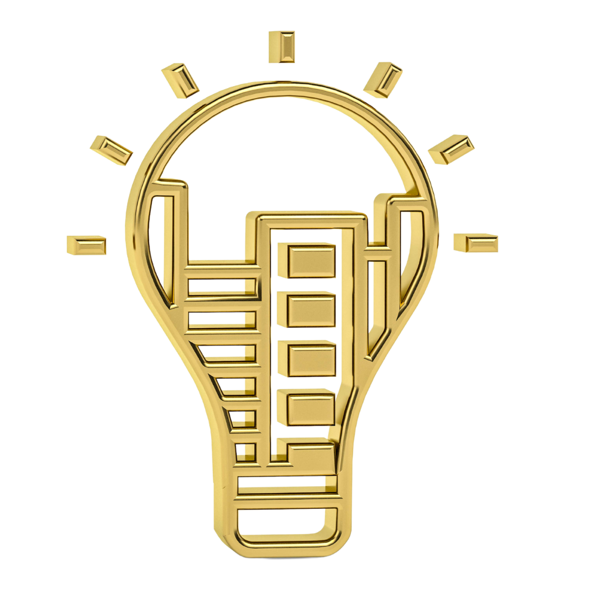 Gold 3D light bulb icon with bar graph and staircase inside design symbolizing innovation and growth.