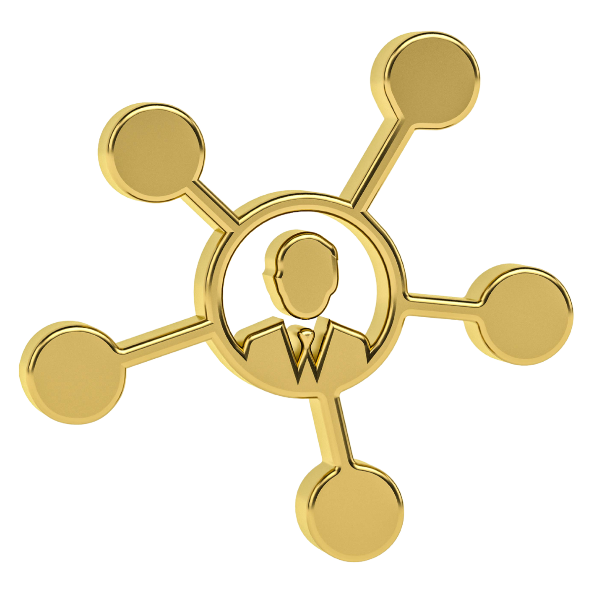 Gold-colored icon of a person in a suit at the center, with five lines extending outward, each ending in a circle, representing a network or connection.