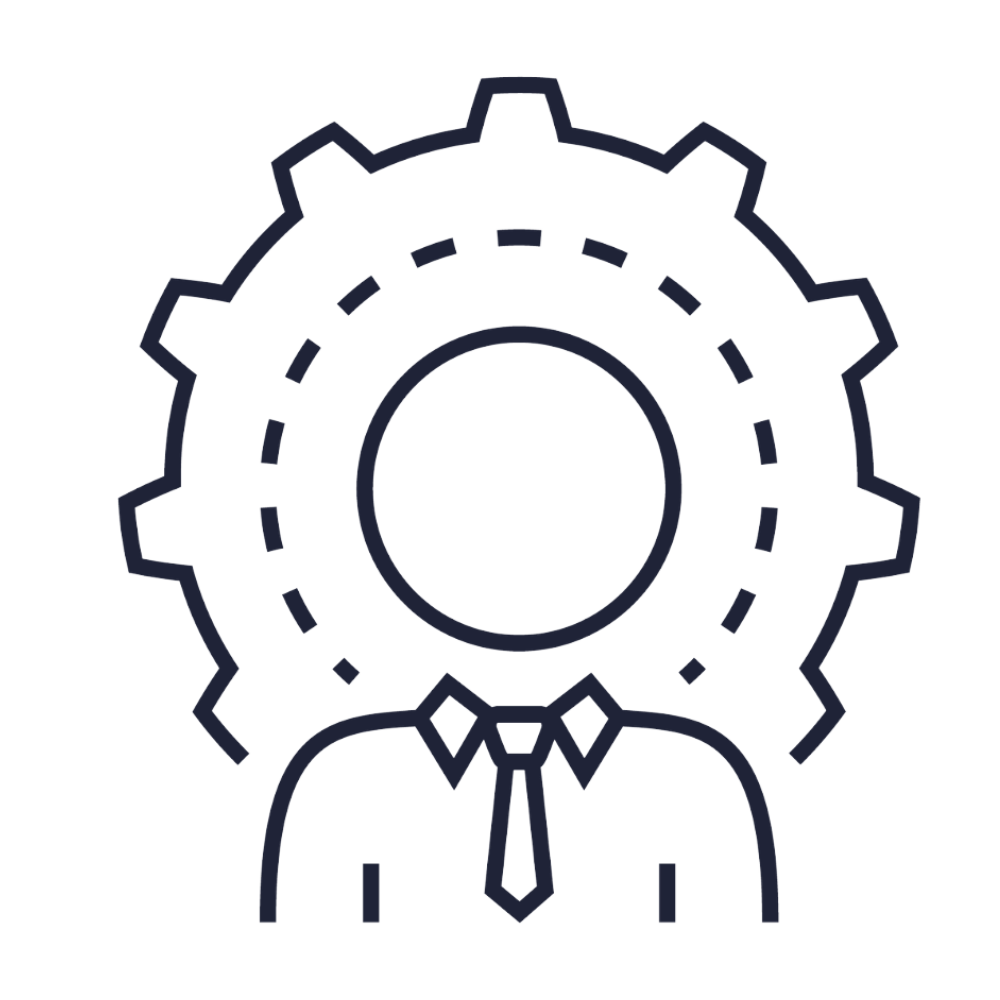 Outline drawing of a person with a gear as their head, wearing a suit and tie.