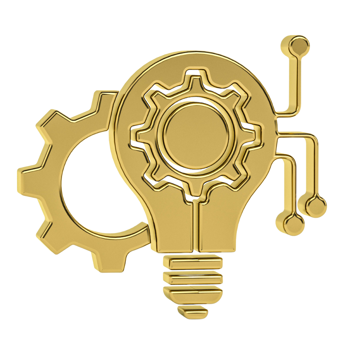 Golden 3D illustration of a lightbulb with gears and circuit lines inside, symbolizing innovation and technology.