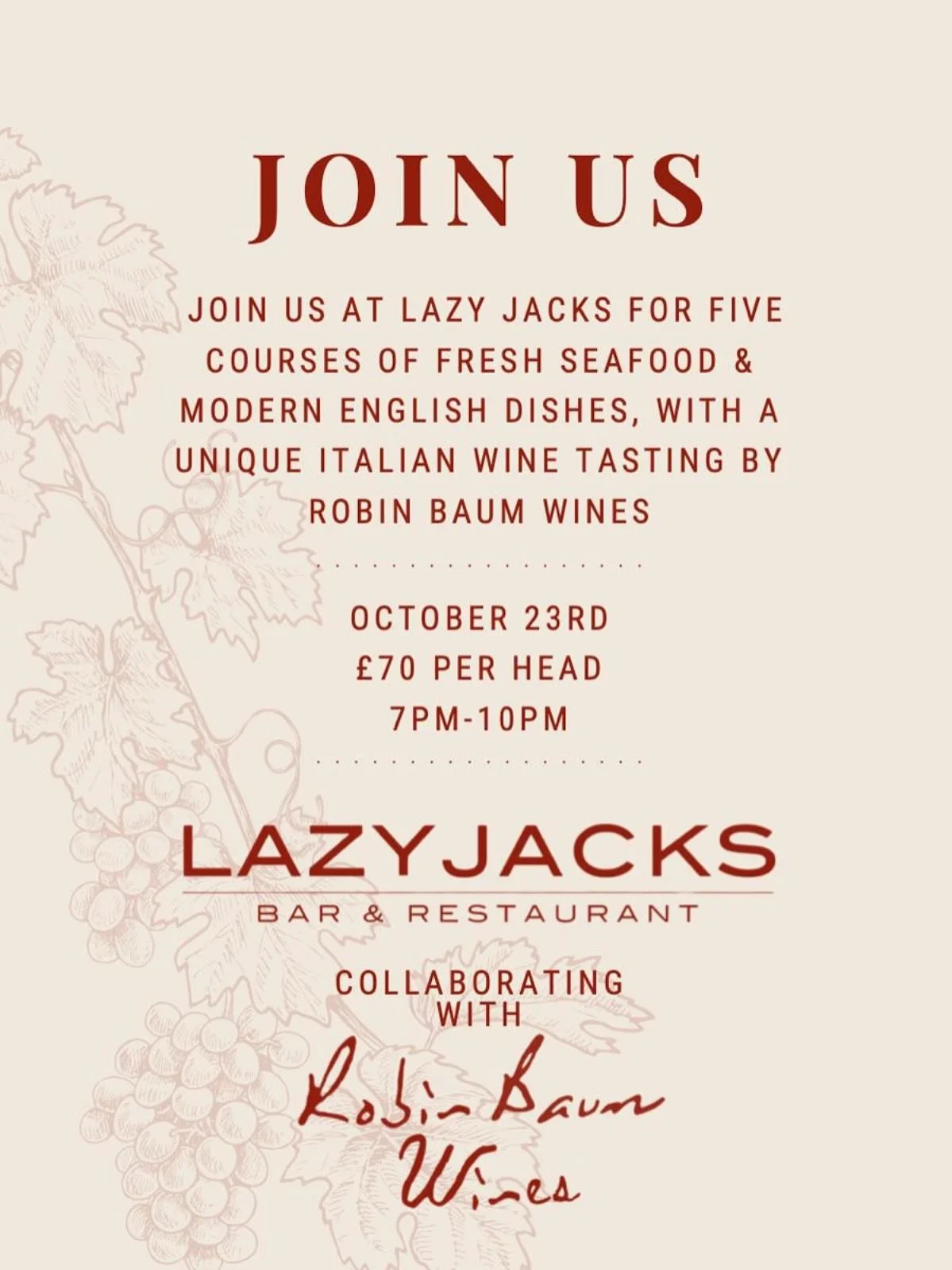 JOIN US FOR A NIGHT IN ITALY ๐ฎ๐นโค๏ธ 
๐ซถ๐ผOctober 23rd
๐Food by us 
๐ท Wine from @robinbaumwinesuk 
£70PP for a special evening wine tasting and eating delicious food. Hosted by @robinbaumwinesuk 
To book your tables and tickets DM us!