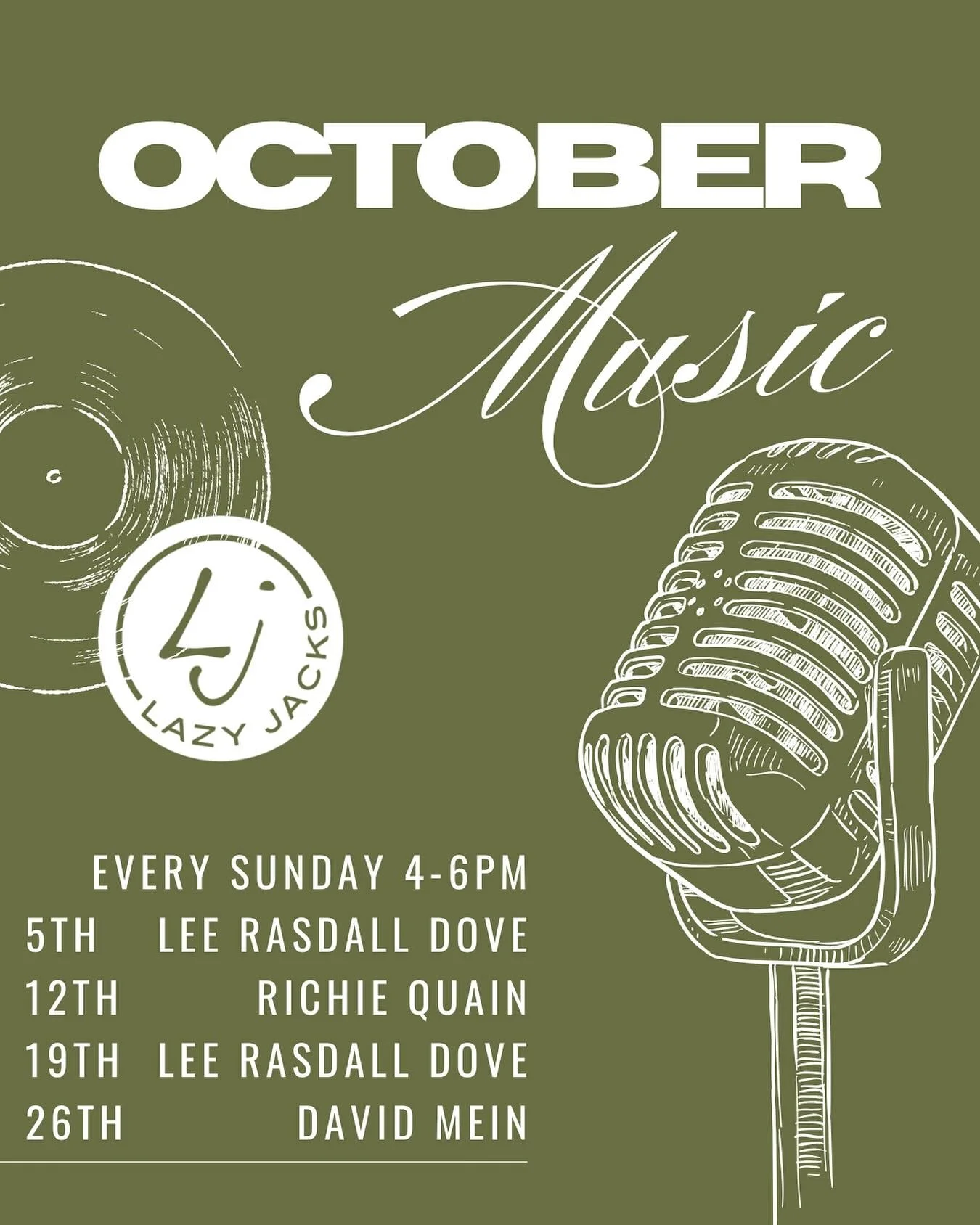 Live music this October at Lazy Jacks! Join us 4–6pm every Sunday for good vibes and great tunes ๐ถโจ
