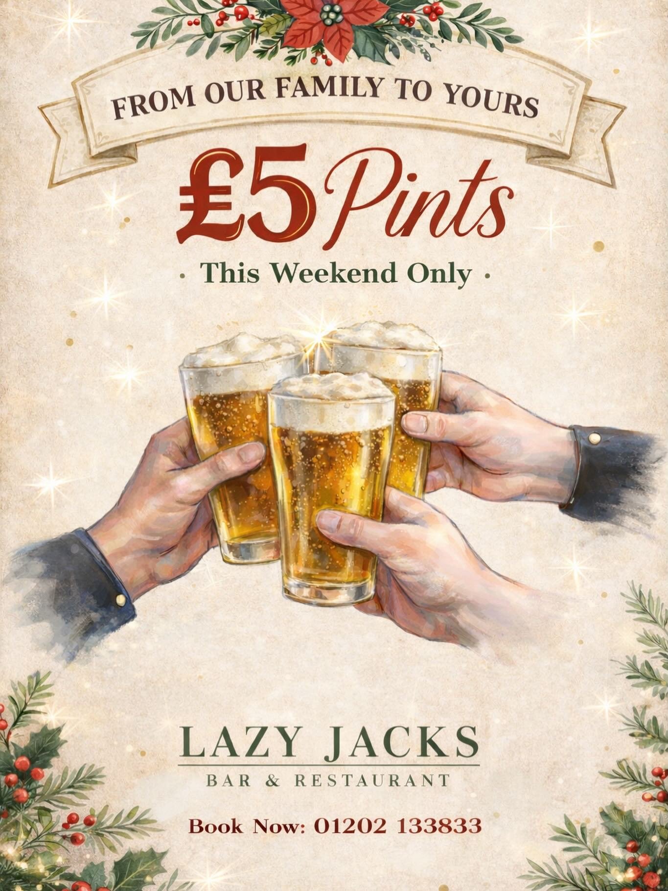 From our family to yours: &pound;5 pints with every main meal, all week long. Secure your spot.