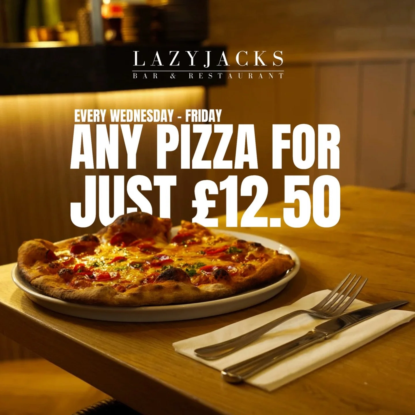 Midweek dining just got better. 🍕

From Wednesday to Friday, enjoy any pizza from our menu for &pound;12.50. Thoughtfully prepared, expertly baked, and served in the relaxed setting of Lazy Jacks.

Whether it is a casual catch up or an evening well 