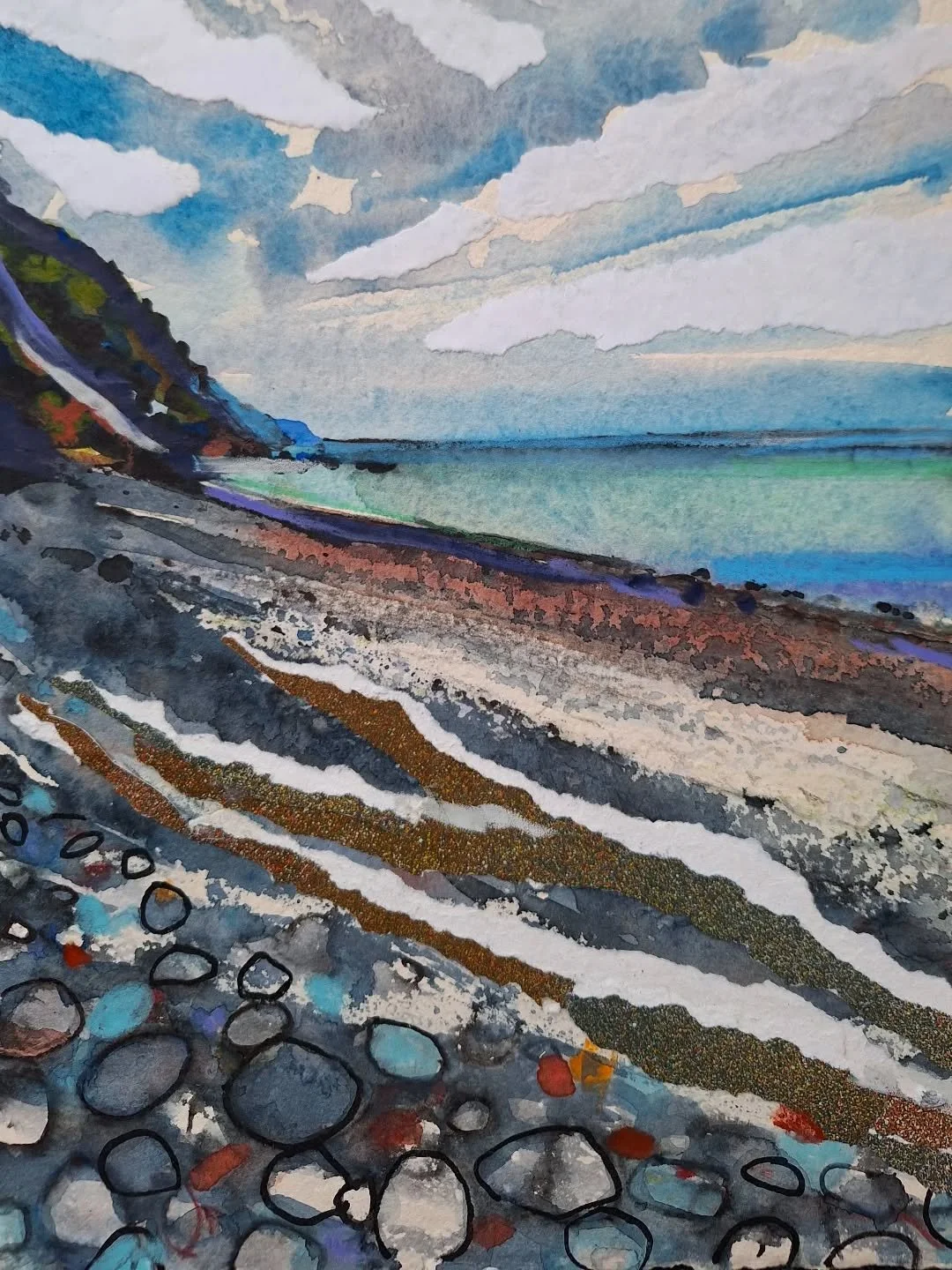 Driftwood. Mixed media on handmade @tworiverspaper Same view as last post but without us! 
#beach#collage #janehoodart #driftwood