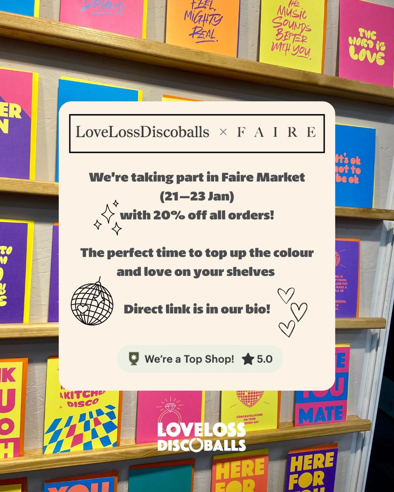 Faire Market is nearly here! 

We&rsquo;re offering 20% off all Faire orders from 21&ndash;23 January 🪩✨

Stock up on your favourites or try something new - you can grab it all through our Faire Direct link in bio! 💜

#fairemarket #greetingscards #