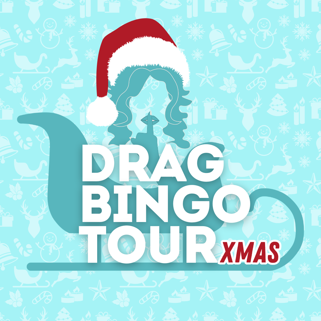 Illustration of a woman with curly hair wearing a Santa hat, with the words 'Drag Bingo Tour Xmas' in bold text. The background has Christmas-themed icons like reindeer, snowflakes, and presents in light blue.
