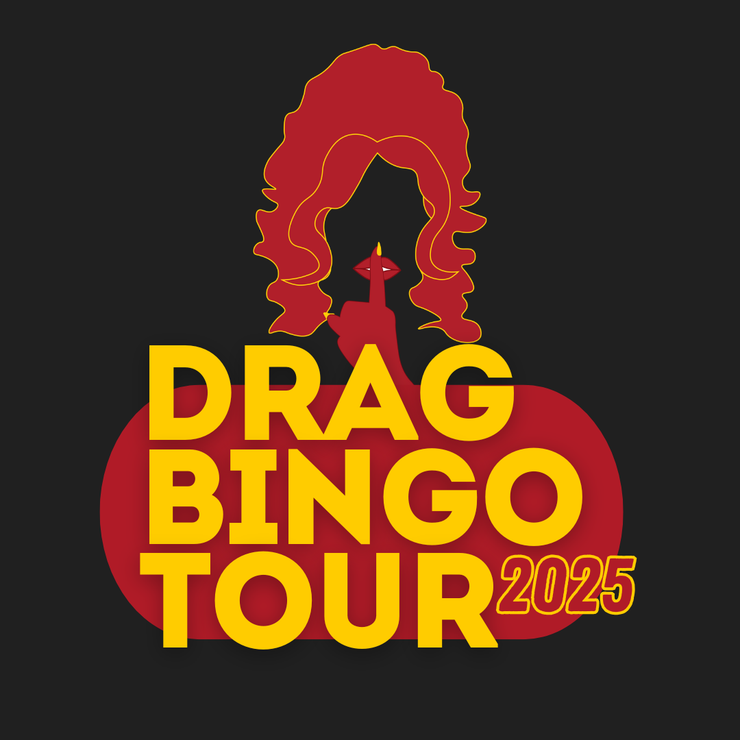 Graphic design for Drag Bingo Tour 2025 featuring a stylized woman with curly hair, red lips, and a finger to her lips, with a large pumpkin in the background and bold yellow text.