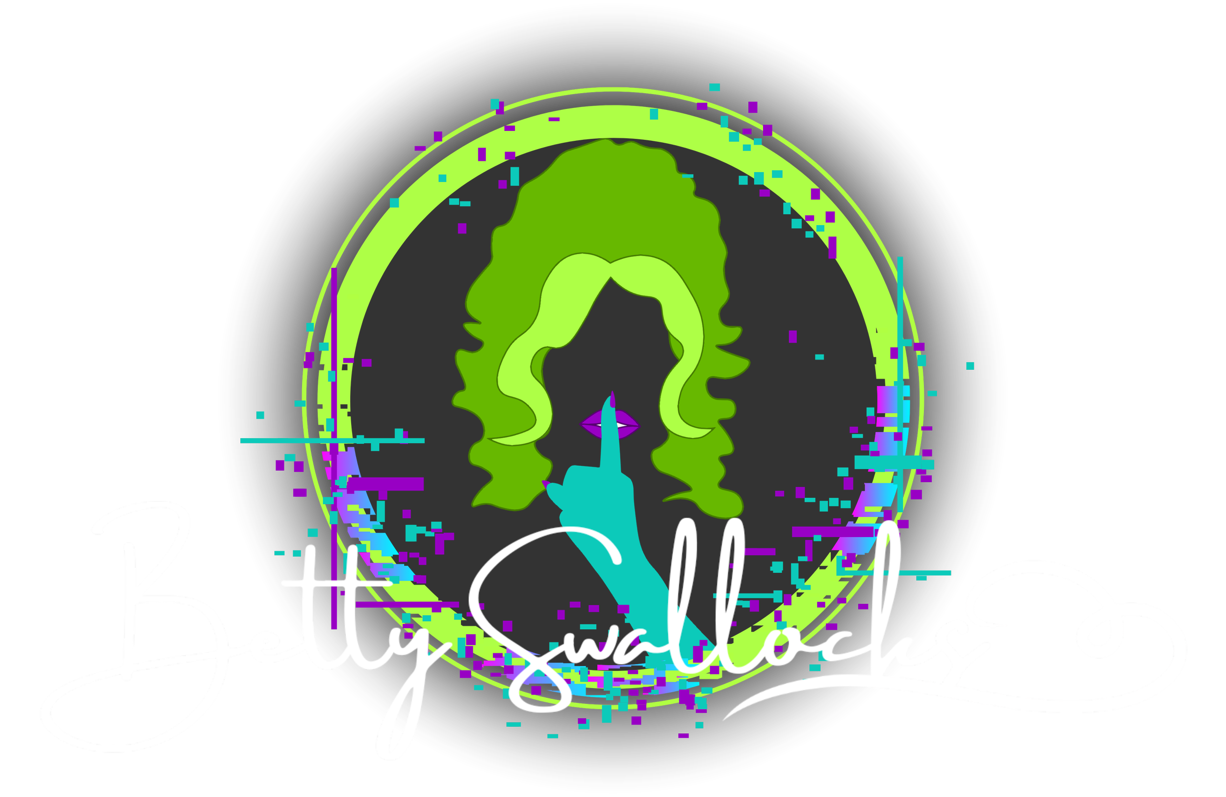A digital graphic design featuring a silhouette of a woman's face with flowing hair in shades of green, overlaid with colorful pixelated elements and neon accents. A teal hand with a pointing finger intersects the woman's face, and the words "Betty Swa Kochs" are written in flowing white script at the bottom.