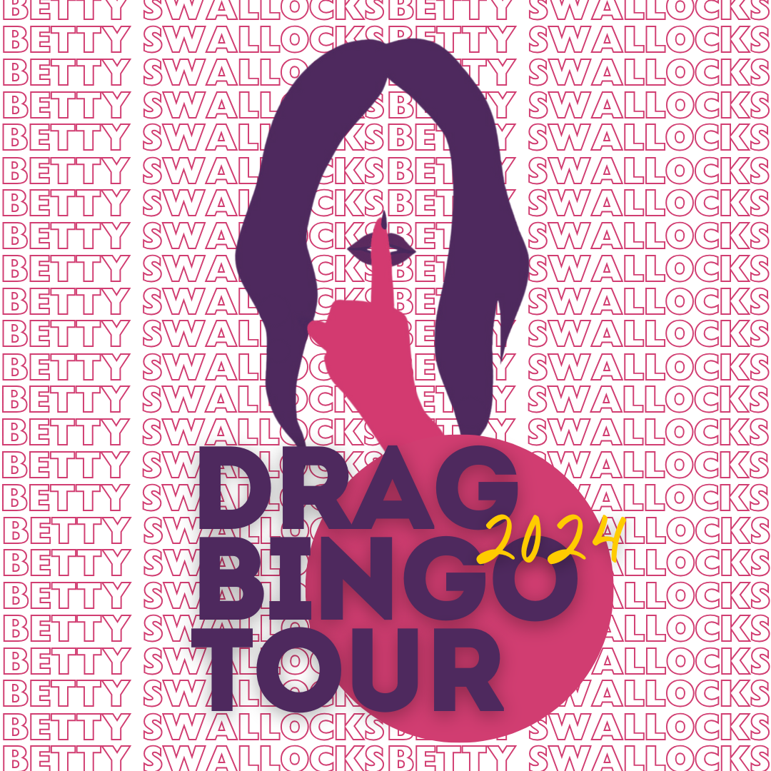 A stylized pink lock with a silhouette of a woman with long hair, holding a finger to her lips in a shushing gesture, with the text 'Drag Bingo Tour 2024' overlaid on the lock, all set against a background with repeating 'Betty Swallocks' pattern in pink outlines.