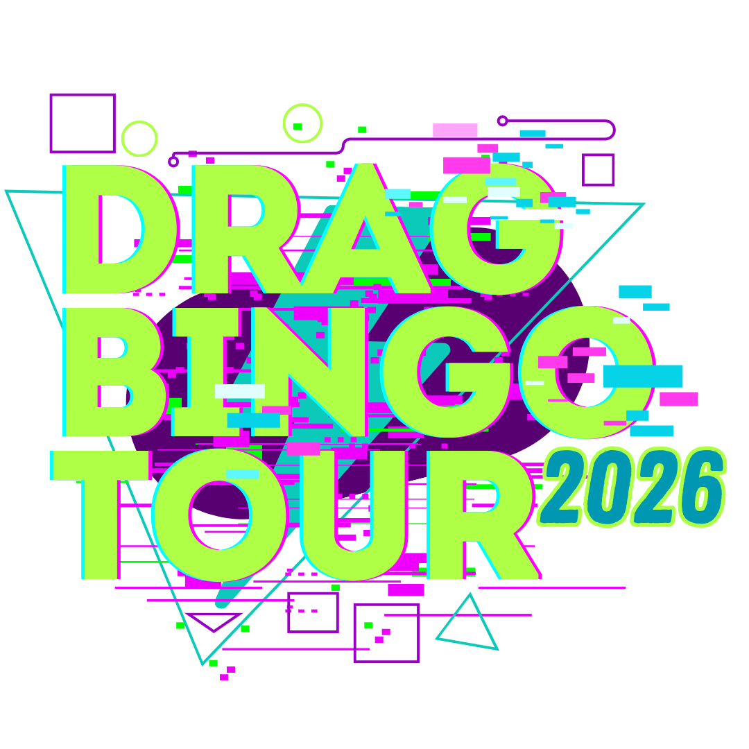Bright neon text reading 'DRAG BINGO TOUR 2026' with geometric shapes on a black background