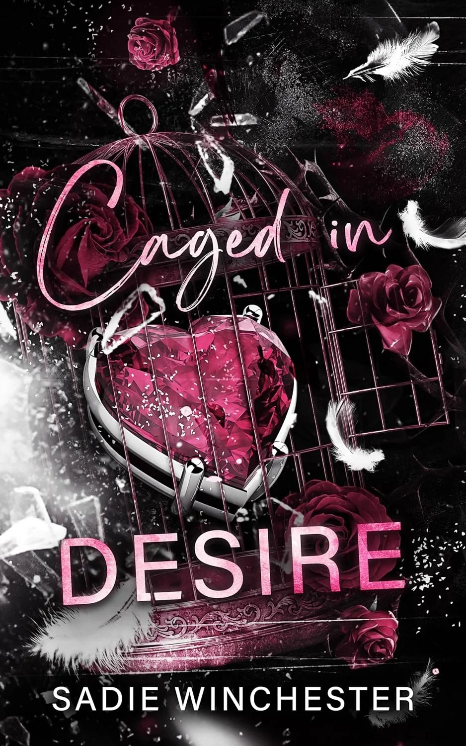 Book cover for "Caged in Desire" by Sadie Winchester, featuring a pink heart-shaped gem behind a birdcage, surrounded by roses and feathers.