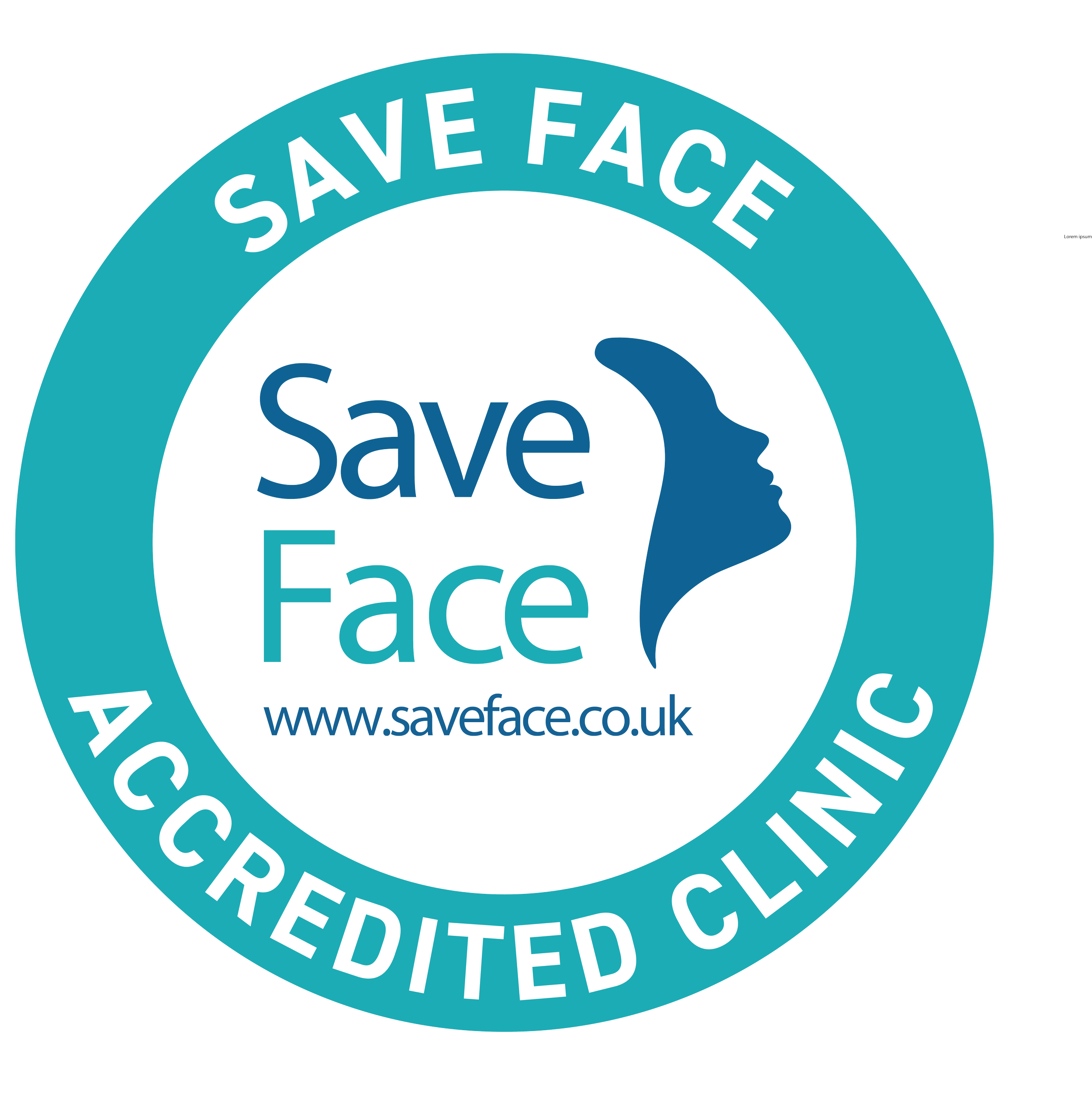 Save Face logo with a profile of a woman’s face in profile, surrounded by a turquoise ring with the text 'Save Face' and 'Accredited Clinic', and the website URL www.saveface.co.uk.