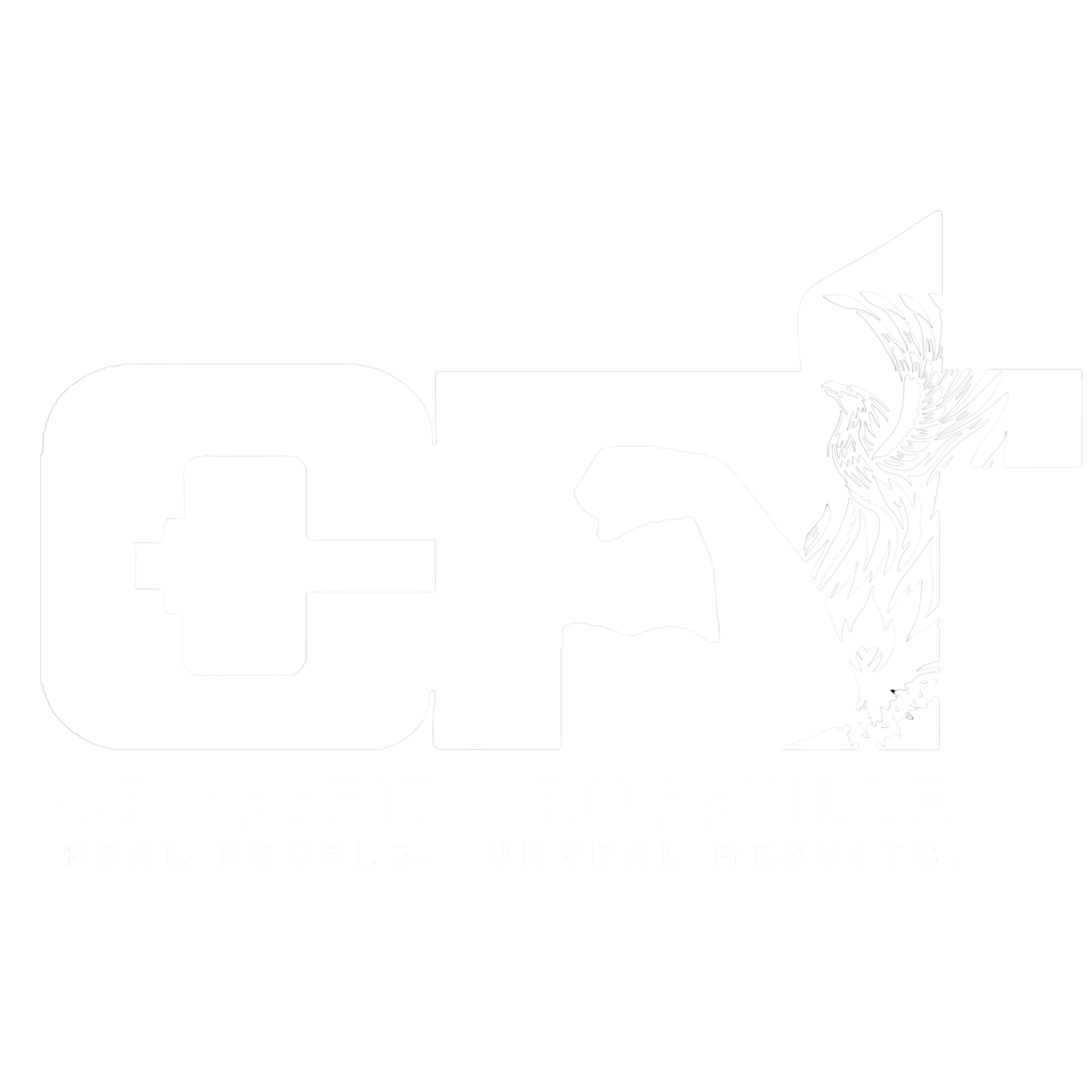Logo for Crossfit Trussville featuring a stylized cross, a muscular arm flexing, and a fierce bird, with the tagline 'Real People. Unreal Results.'