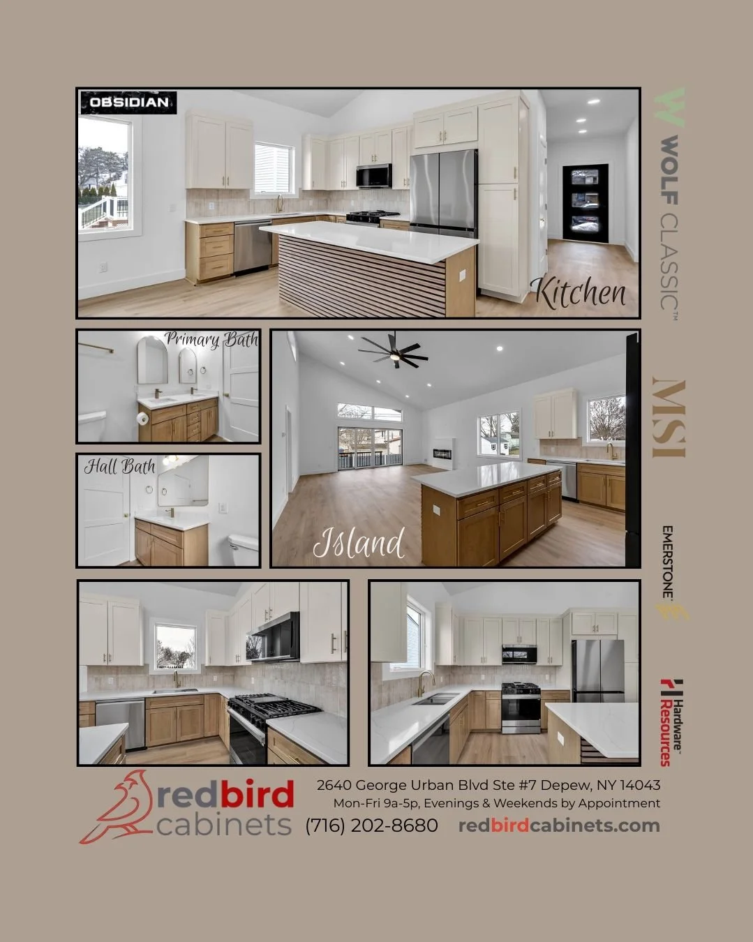 Floor plan advertisement featuring two kitchens named Wolf Classic and Island, and two bathrooms named Primary Bath and Hall Bath. Includes pictures of the kitchens with white and wood cabinetry, appliances, and island counters, and the primary living space with high ceilings and hardwood floors. The bottom section provides contact information for Redbird Cabinets in Depew, NY.