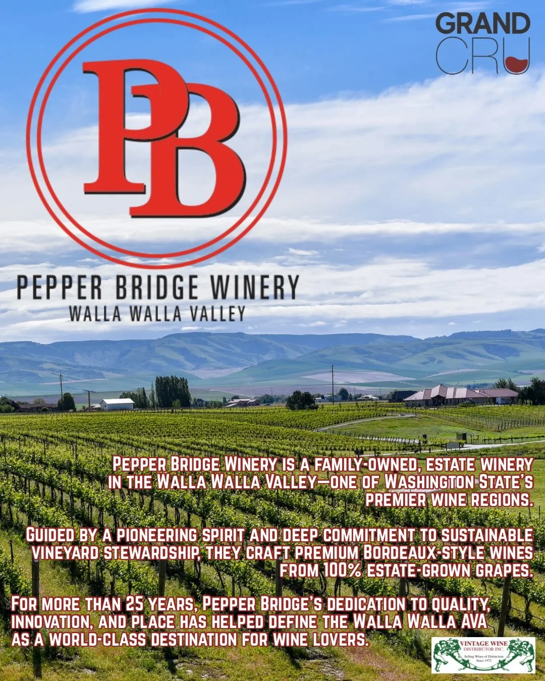 PEPPER BRIDGE ~~ WALLA WALLA

Sustainable, Bordeaux-style wines crafted from estate grown vineyards in the heart of Walla Walla Valley. Each vintage, the finished product is polished, elegant, and exquisite. Rooted in the regions rich terroir, these 