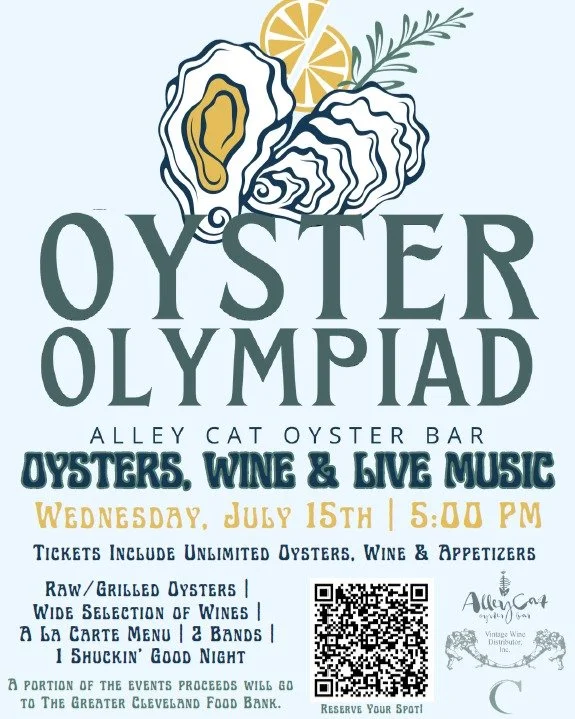 The 6th Annual Oyster Olympiad is upon us!

Mark your calendars for Wednesday, July 15th and get your tickets now! Follow the QR code, or visit @alleycat_cle for details.

- Oysters 🦪
- Apps 🍤
- Wine 🥂
- Sake 🍶
- Cider 🍎

It's shuckin' time.