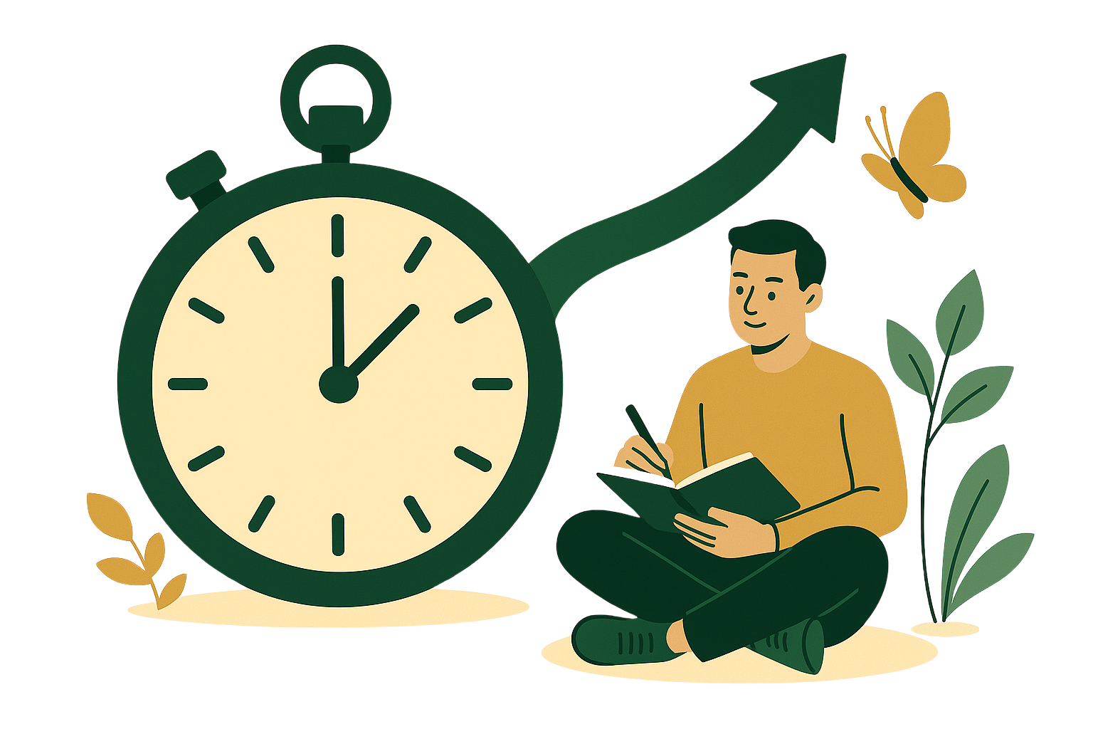 A person sitting cross-legged with a notebook and pen, surrounded by books, plants, and a large clock showing 12:05, with an upward arrow indicating growth or progress.