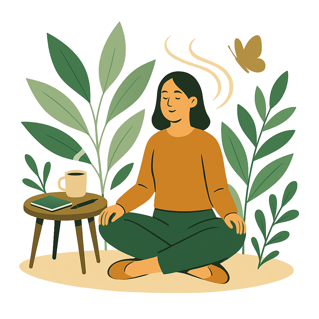 An illustrated woman practicing meditation in a cozy indoor space surrounded by large green plants, with a steaming cup, a notebook, and a pen on a small table beside her.