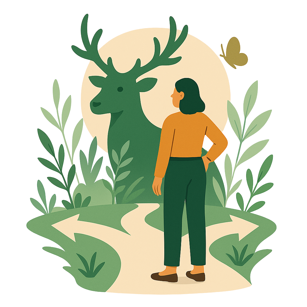 Illustration of a woman standing at a fork in the road, with one path leading left and the other right, surrounded by greenery, with a large deer head with antlers in the background and a butterfly nearby.