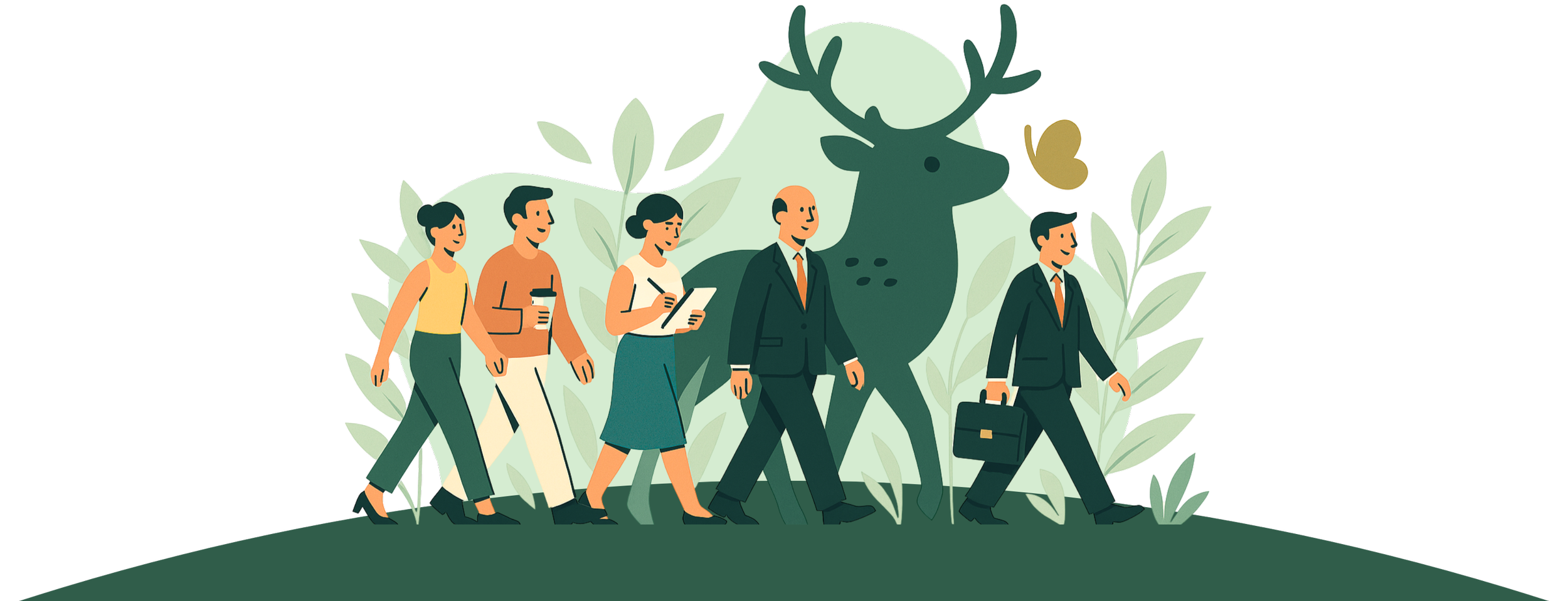 Illustration of five people in business and casual attire walking together outdoors in front of a large deer with antlers surrounded by leafy plants.