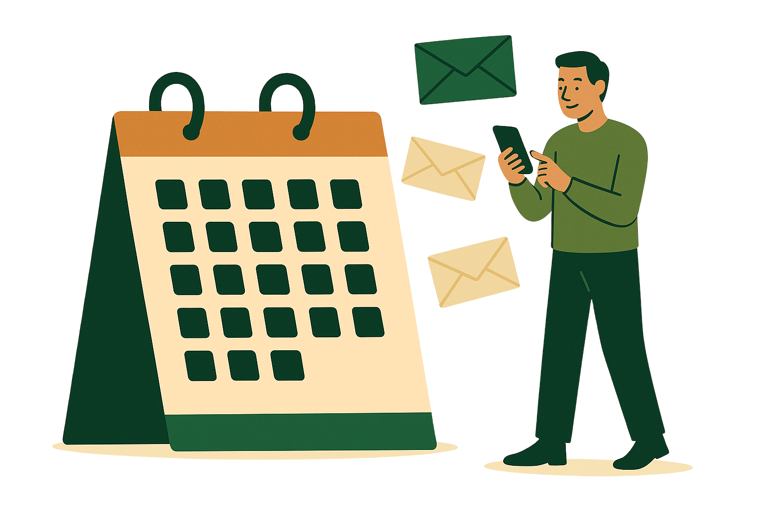A person standing next to a large calendar and boxes labeled with email icons, looking at their phone.