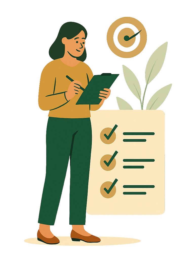 Illustration of a woman with green hair taking notes on a clipboard, standing next to a large checklist with three items, all checked off, and a potted plant in the background.