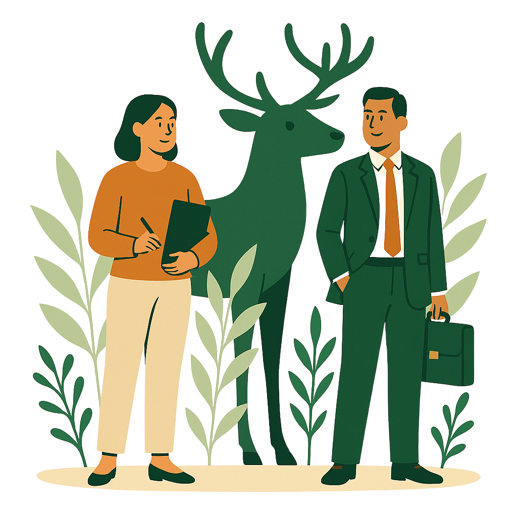 Illustration of a woman and a man standing beside a reindeer surrounded by green plants.