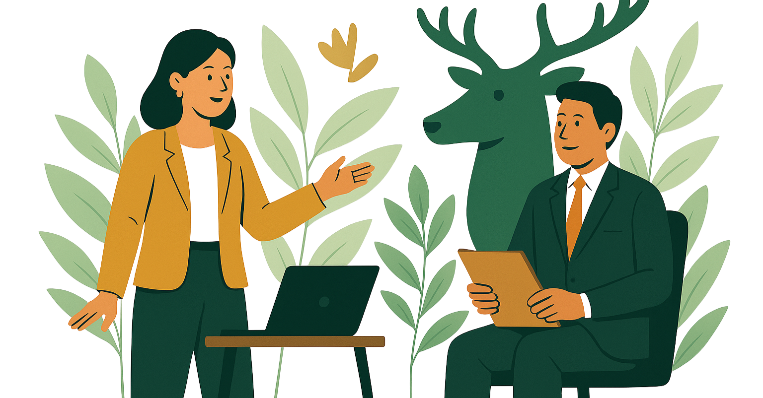 Two business professionals, a woman and a man, having a discussion in a modern office with plant decor; the woman is standing, gesturing towards the man, who is sitting with a laptop and a tablet.