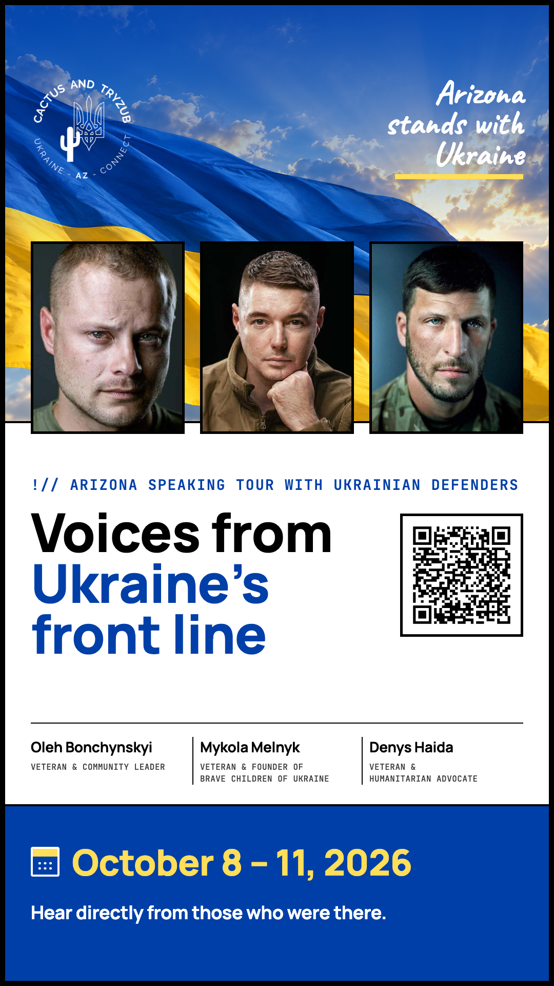 Portrait-format promotional graphic for Voices From Ukraine’s Front Line, an Arizona speaking tour featuring Ukrainian defenders Oleh Bonchynskyi, Mykola Melnyk, and Denys Haida, October 8–11, 2026.