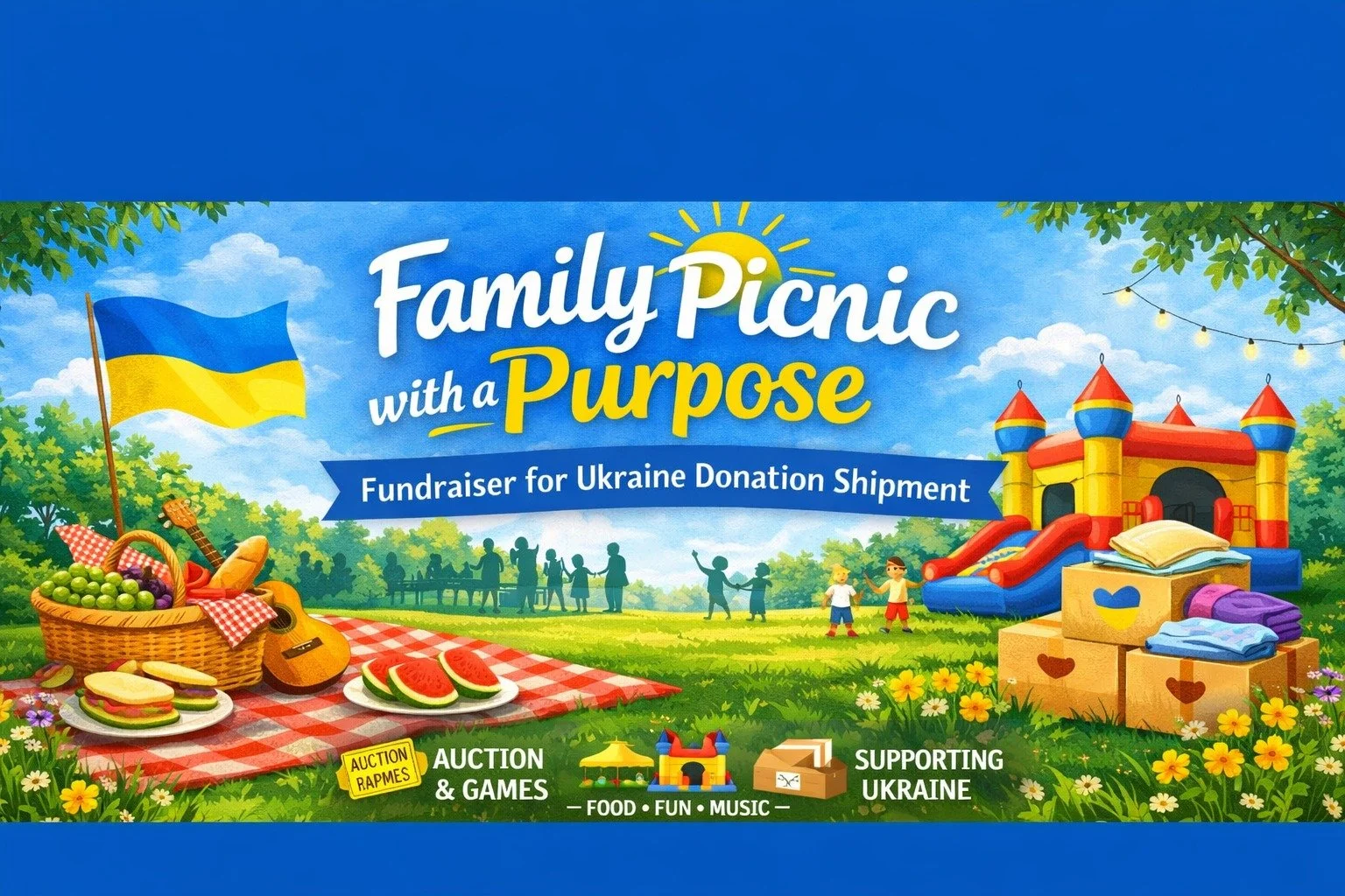 A joyful outdoor picnic scene with families, Ukrainian flags, traditional food, and community members gathered together in a park setting.