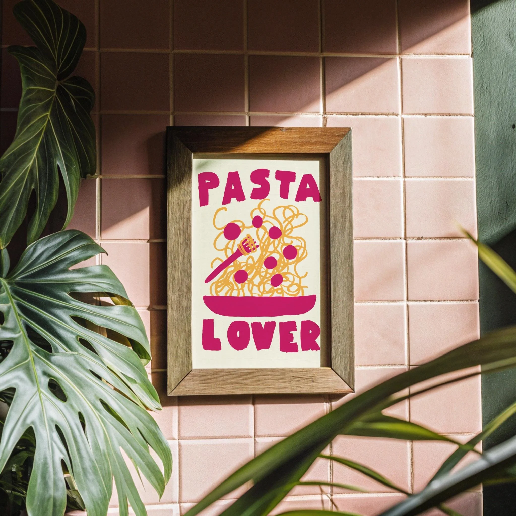 Minimalistic pasta dish wall art from a hand-drawn original artwork by green chili prints