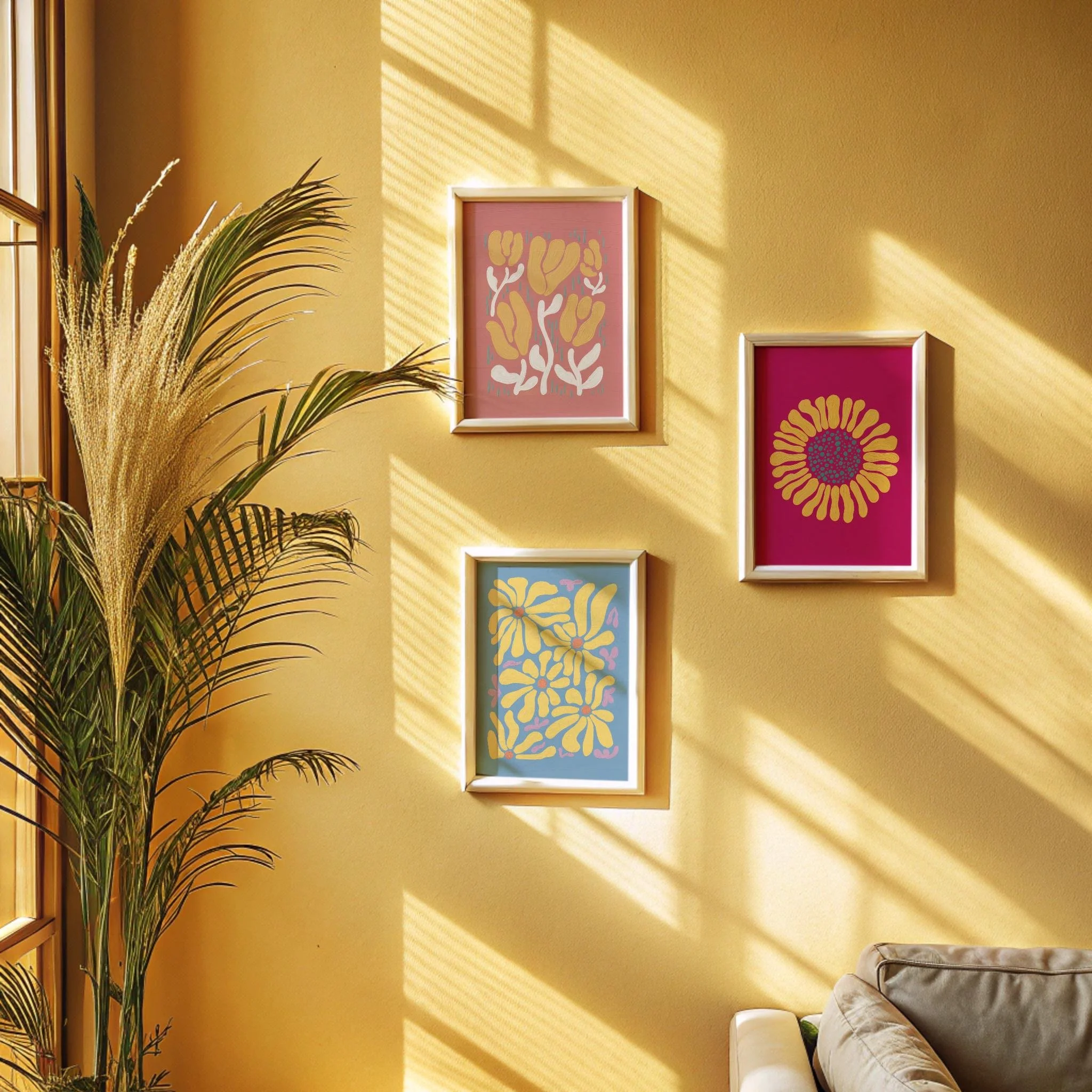Minimalistic Flower wall art set of 3 – hand-drawn floral original artworks