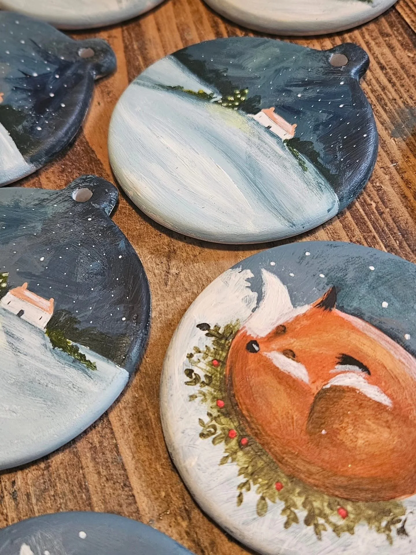 Handpainted Christmas baubles with fox and wintry night scenes