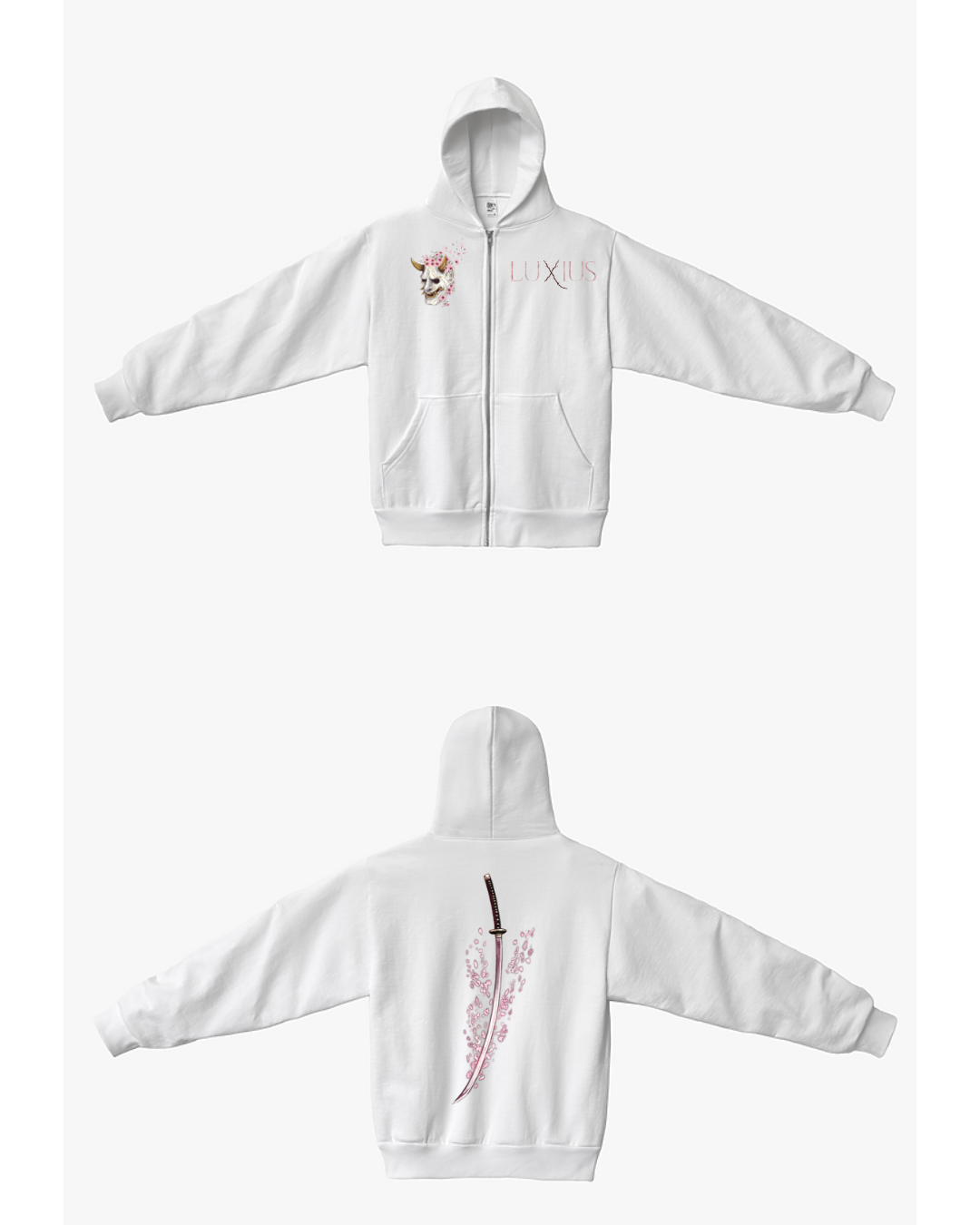 "Sakura Sword" Crop Zip Hoodie- White