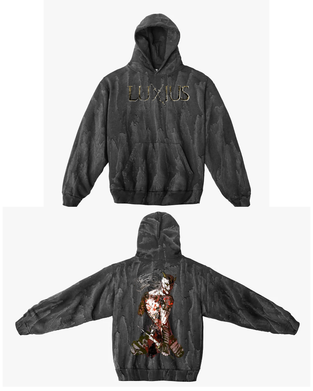 Tatted Samurai Oversized Hoodie- Drip Dyed Black