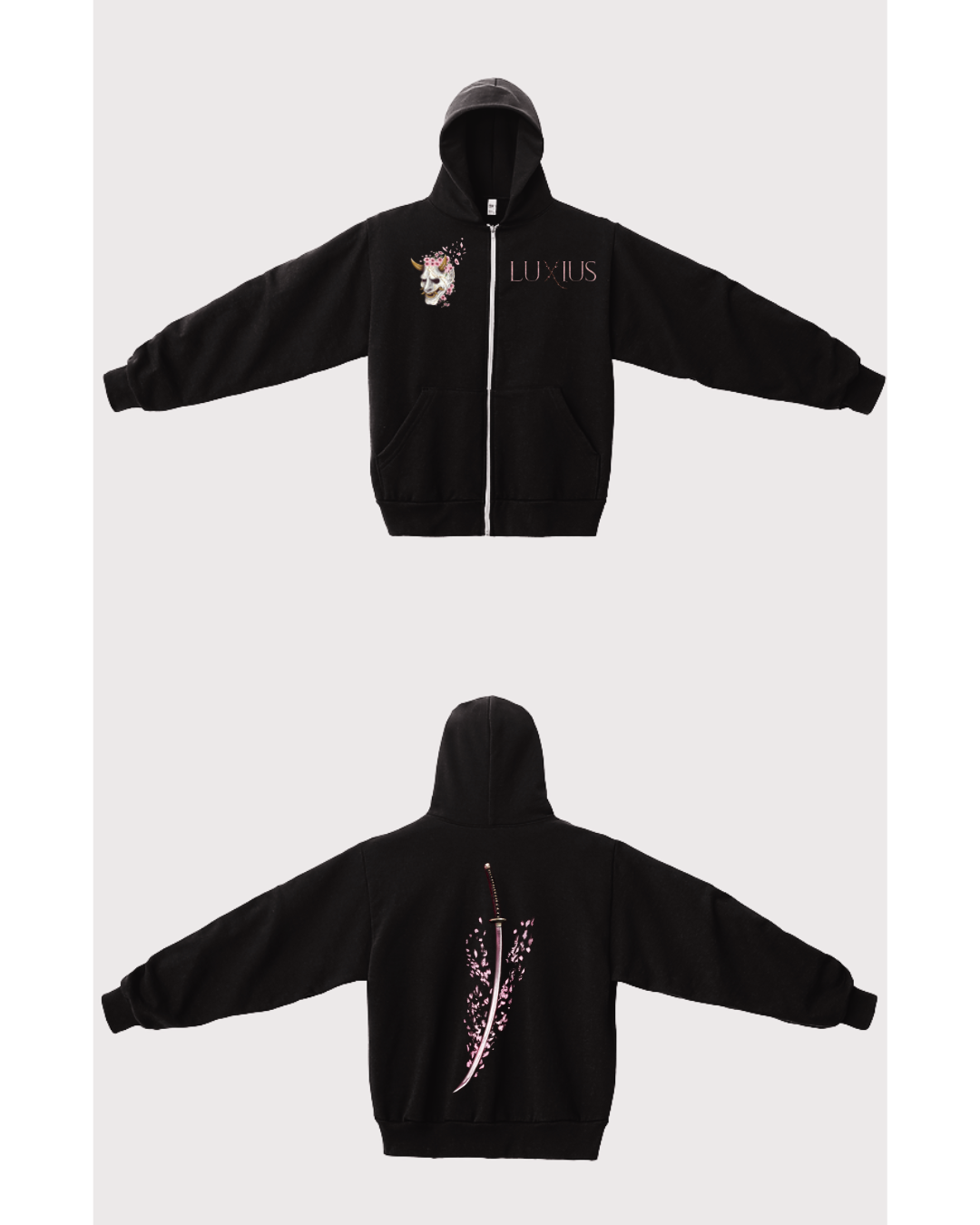 "Sakura Sword" Crop Zip Hoodie- Black