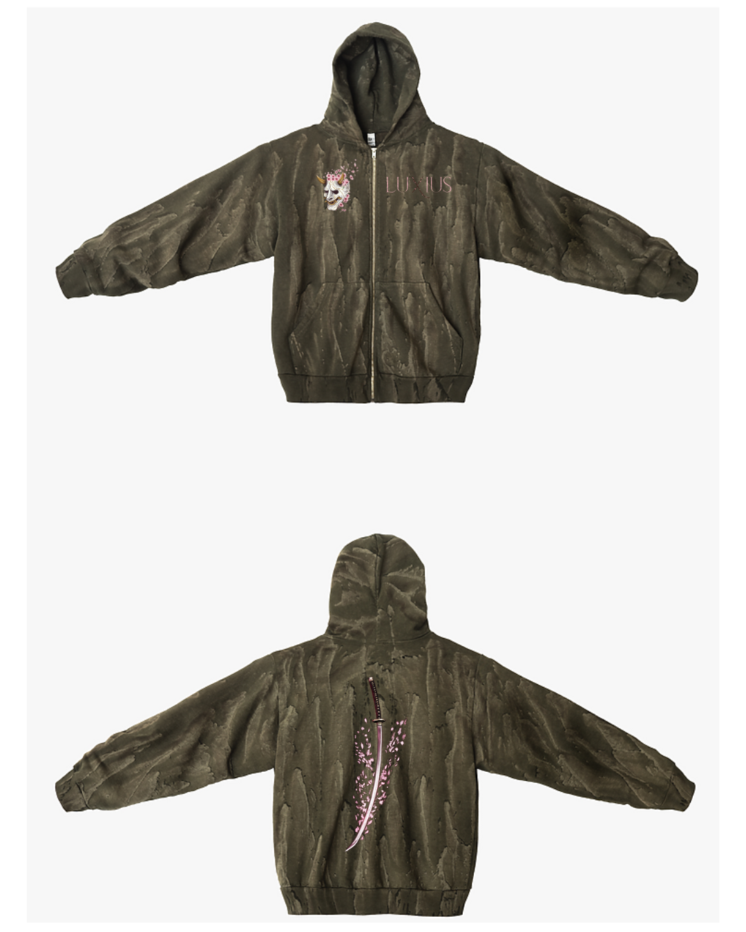 "Sakura Sword" Crop Zip Hoodie- Drip Dyed Green