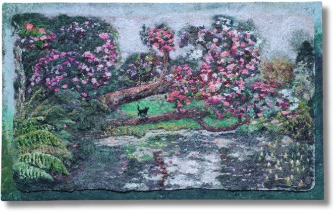 Blütenrausch in Heligan,
Filz auf Akustikplatte, 57 x 35 cm,
1100.-