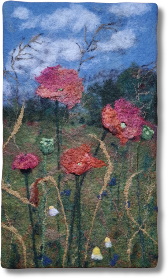 Tanzender Mohn,
Filz auf Akustikplatte, 30 x 53 cm,
1100.-