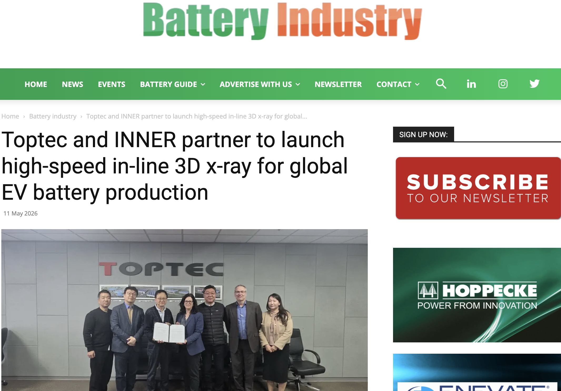 Feature: Toptec and INNER partner to launch high-speed in-line 3D x-ray for global EV battery production