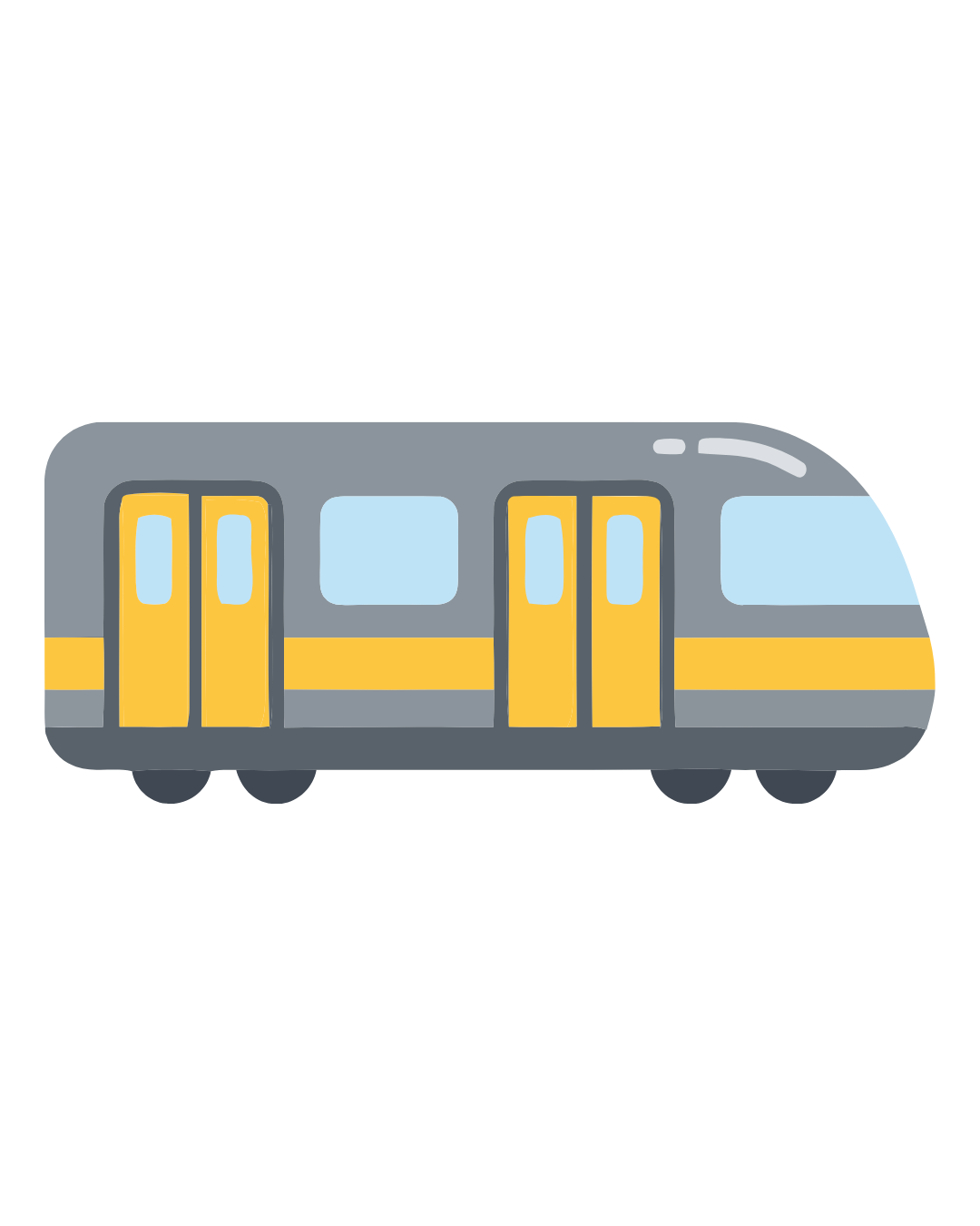 Illustration of a modern train with gray and yellow exterior, large windows, and sliding doors.