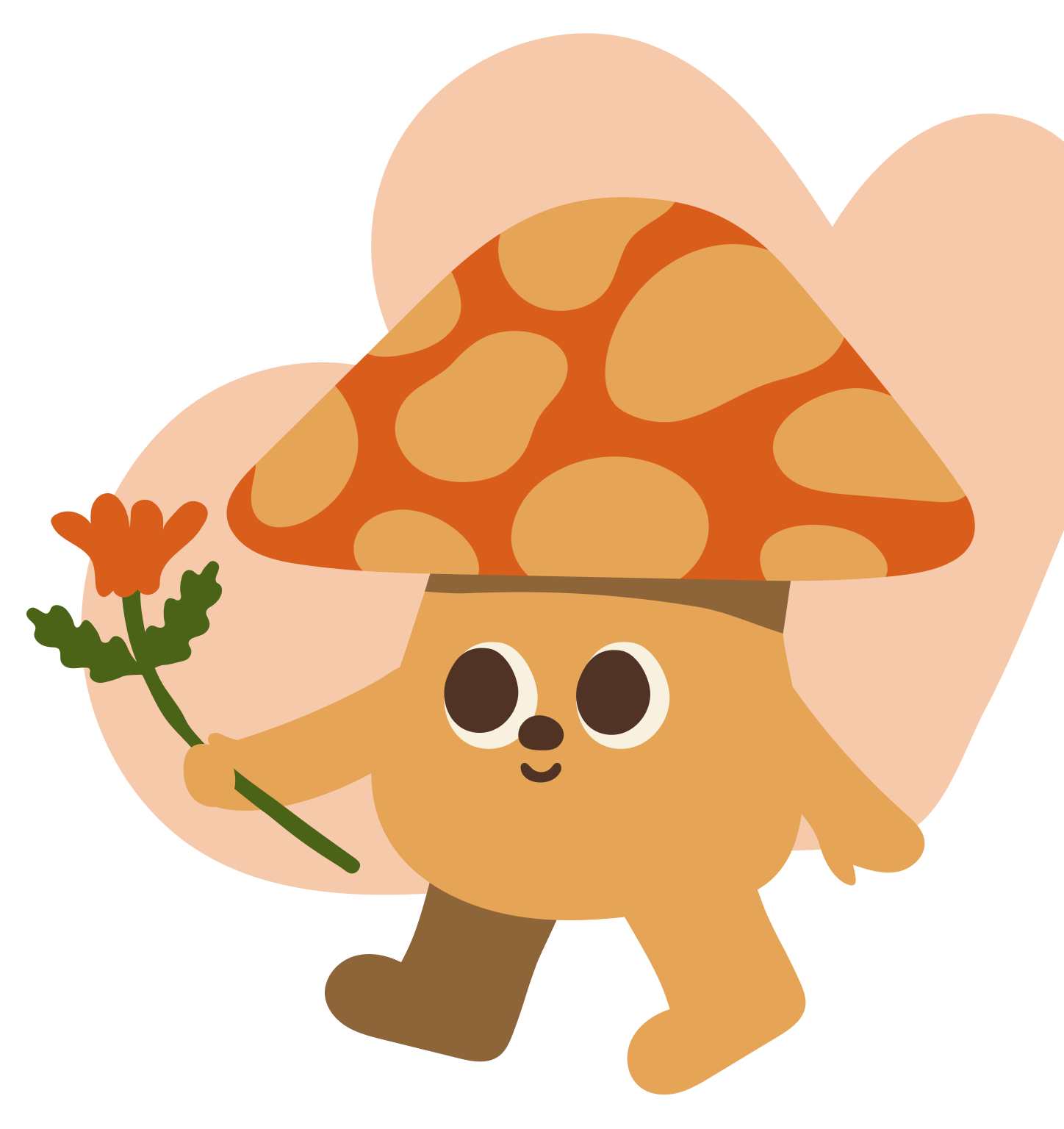 Cute illustration of a mushroom character with a patterned orange cap, holding a red flower, with a pink background.