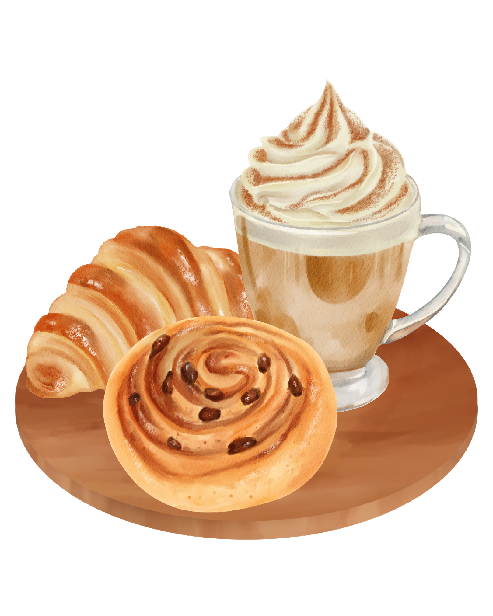 A cup of whipped cream topped with cinnamon next to chocolate chip croissants on a wooden surface.