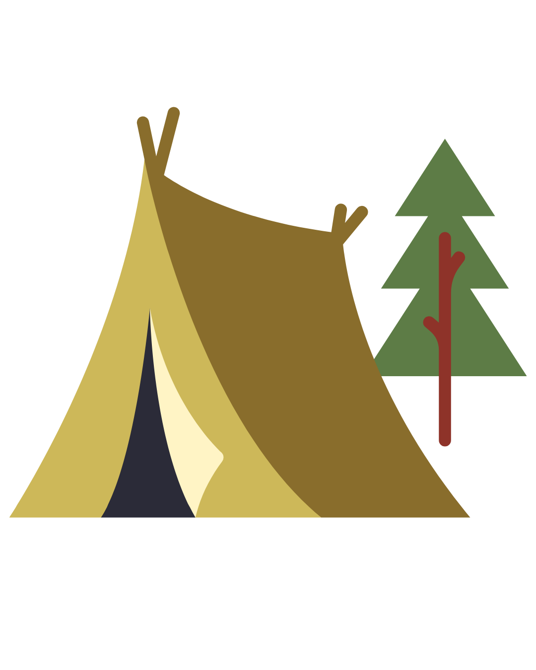 Illustration of a camping scene featuring a yellow tent and a large green pine tree.