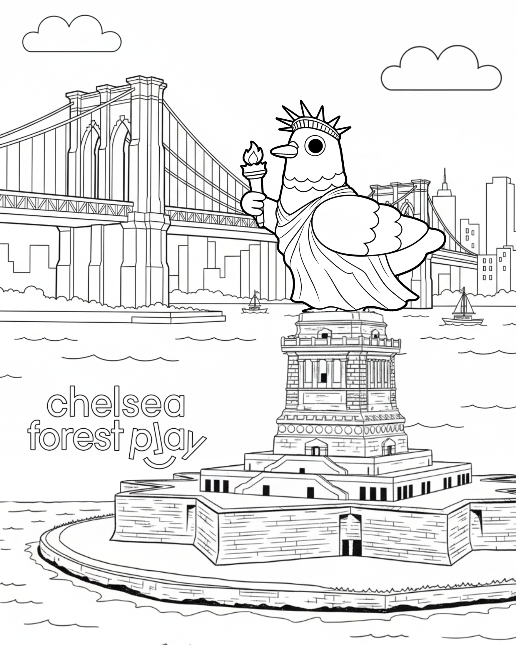 Coloring page featuring the Statue of Liberty holding a torch, with the Brooklyn Bridge, city skyline, and water with sailboats in the background. The words "Chelsea Forest Play" are written at the bottom.