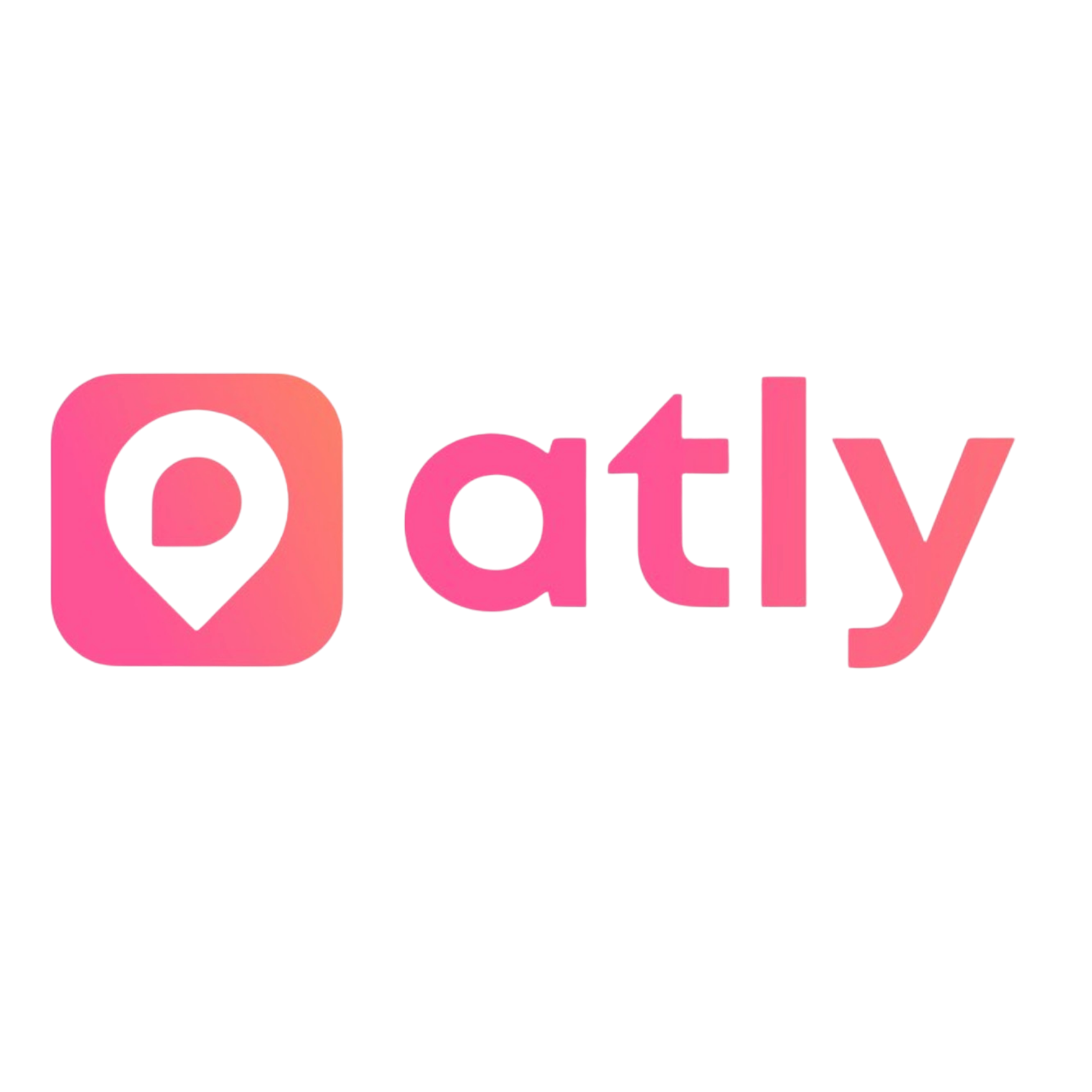 Pink text that says "atly" next to a pink location pin icon with a heart-shaped cutout, all on a black background.