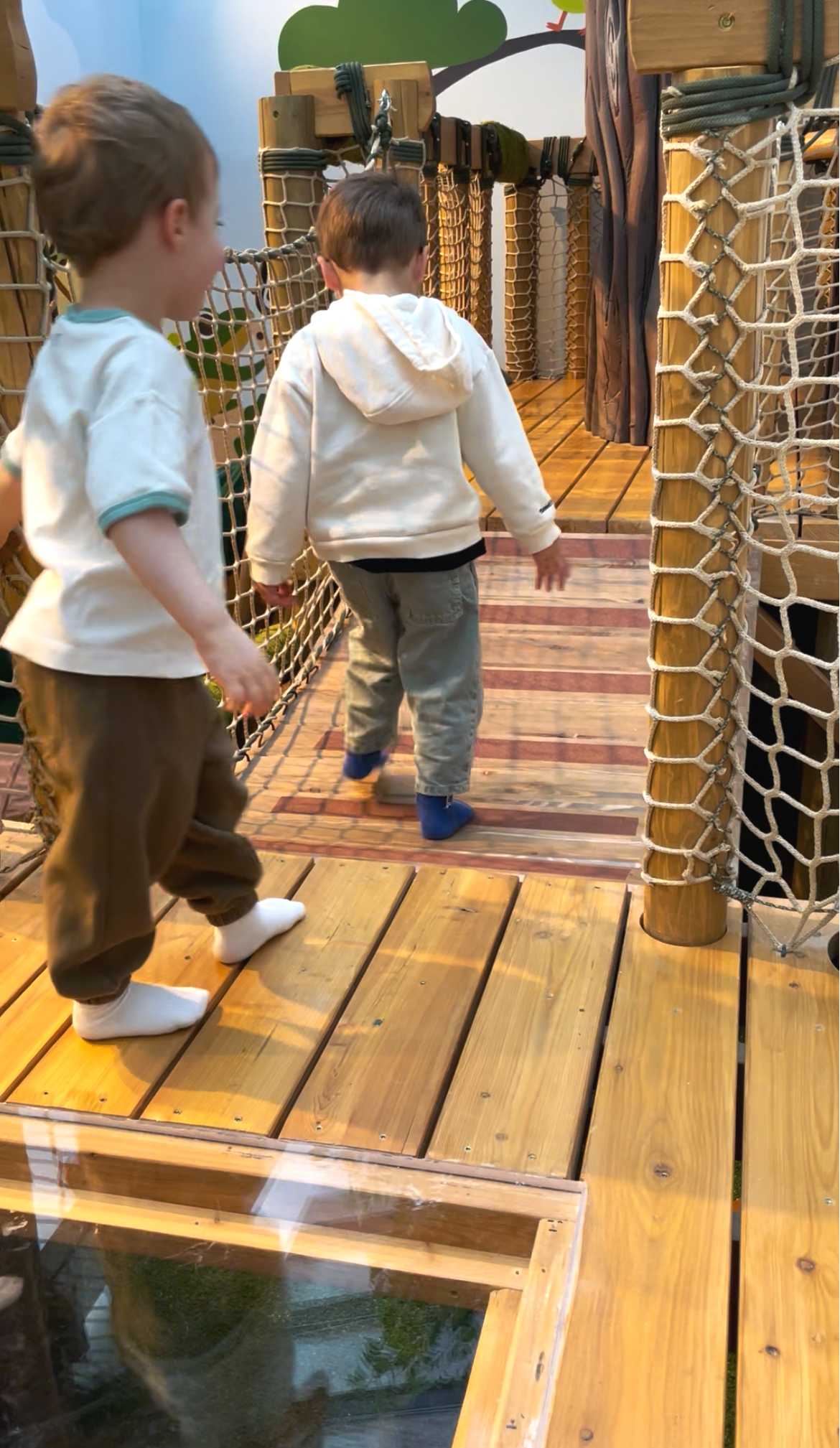 Two young boys walking on a wooden walkway inside an indoor playground with netting on the sides.